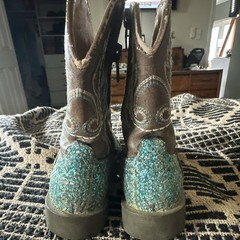 Roper Toddler Western Pull-On Boots Blue/Brown Glitter Embroidered, Unisex US 8