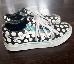 VANS Old Skool Kids‘ Black/White/ Teal Poka Dot Size 4 Pre-Owned Excellent
