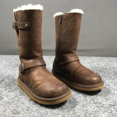 UGG Shearling Boots Girls 3 Brown Leather Zip Buckle Lined 1969 Mid Calf Winter