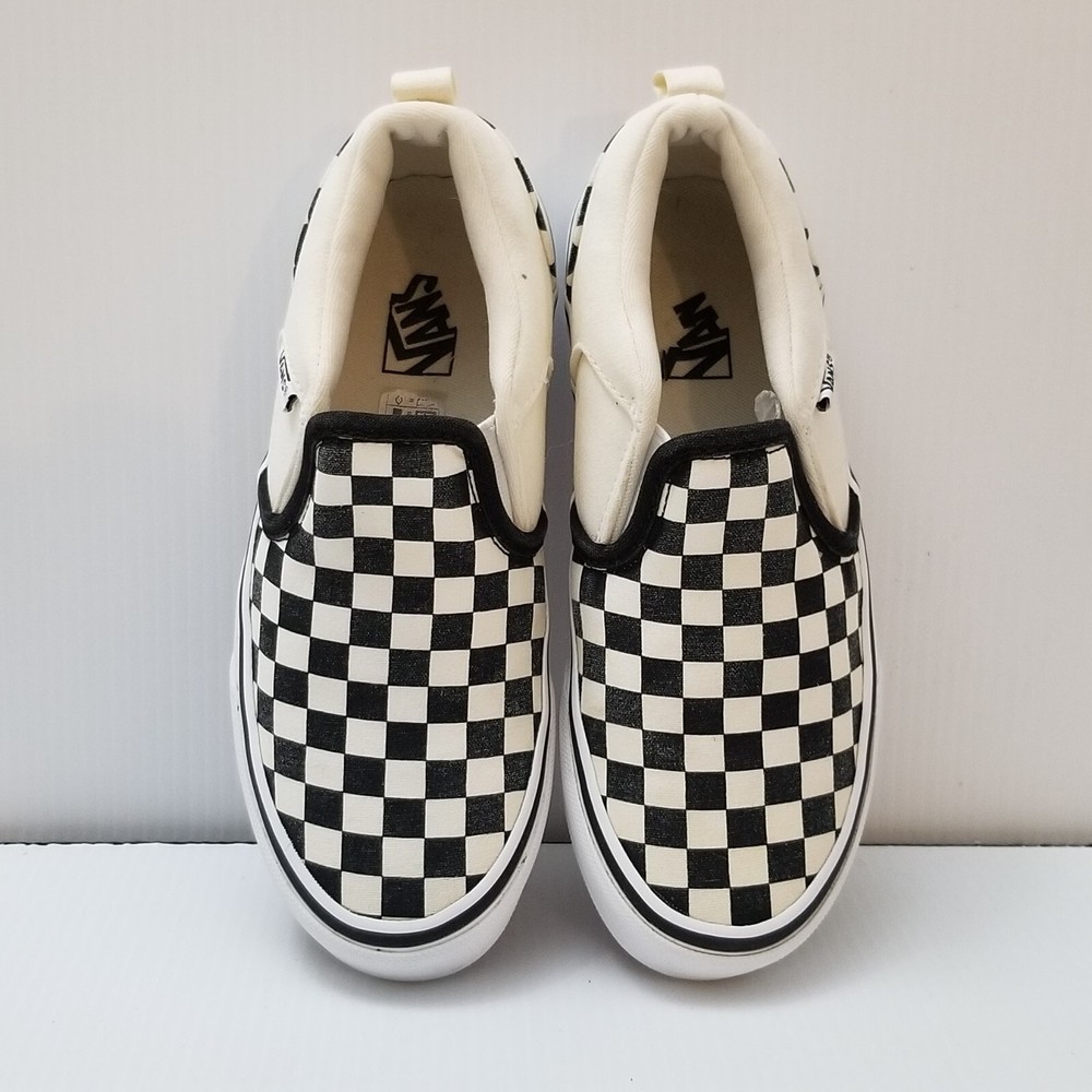 Vans Checkerboard Slip On Low Skate Shoe Black Off White Cream Kids Boys Sz 2.5