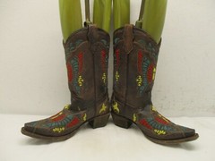 Corral Teens A1030 Western Brown Leather MultiColor Snip Toe Boots Teen Sz 4.5 T