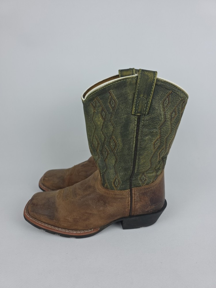 ​DAN POST Youth Sz 4 D Teddy Cowboy Boots DPC3946 Square Toe Brown Green Leather