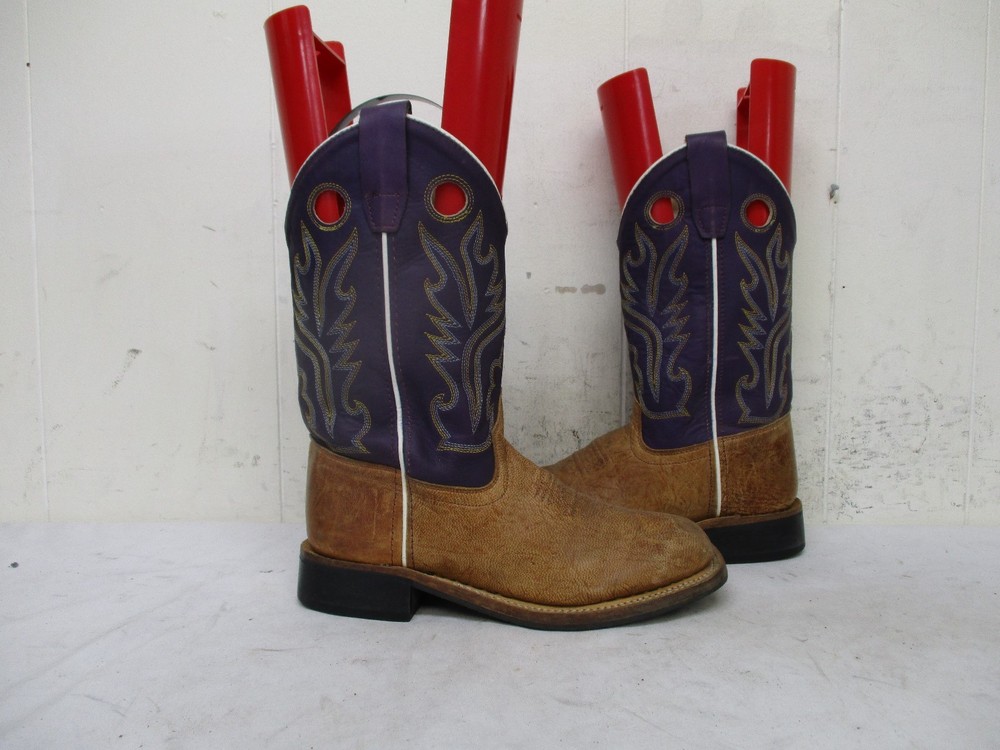 Old West Brown Purple Leather Square Toe Cowboy Boots Youth Sz 1.5 Style BSC1842