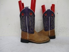 Old West Brown Purple Leather Square Toe Cowboy Boots Youth Sz 1.5 Style BSC1842