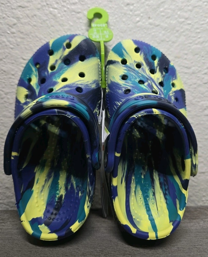 Crocs Classic Marbled Clog Blue Yellow Green Unisex Kids US 9 Slip On Rubber