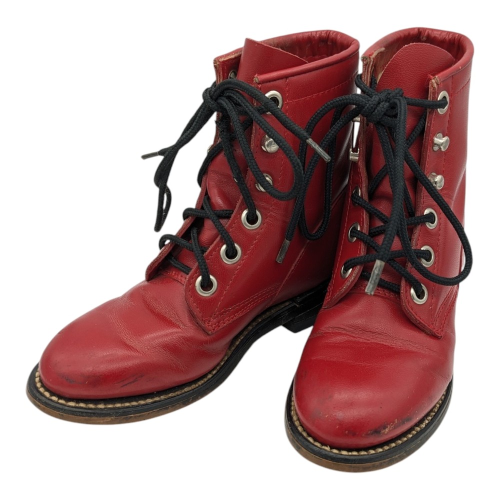 Justin Jr. Red Leather Roper Lace Up Boots Kids Size 7.5 Made In Mexico