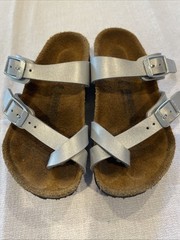 Birkenstock Sandals Kids Size 27 US 9-9.5 Mayari In Silver Strappy Slide Adjust