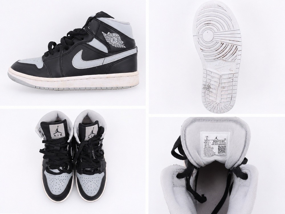 Jordan Air Jordan 1 Mid Top Leather Sneakers Black Gray US 5 Women! BQ6472-007
