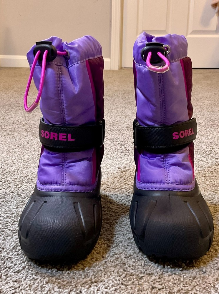 SOREL Flurry Insulated Winter Snow Boots Kids Purple Pull On Duck Size 13 EUC