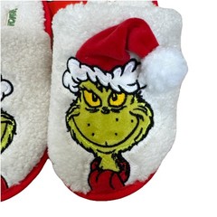 Dr Seuss Grinch White Red Christmas Santa Hat Slippers Kids XL 4/5