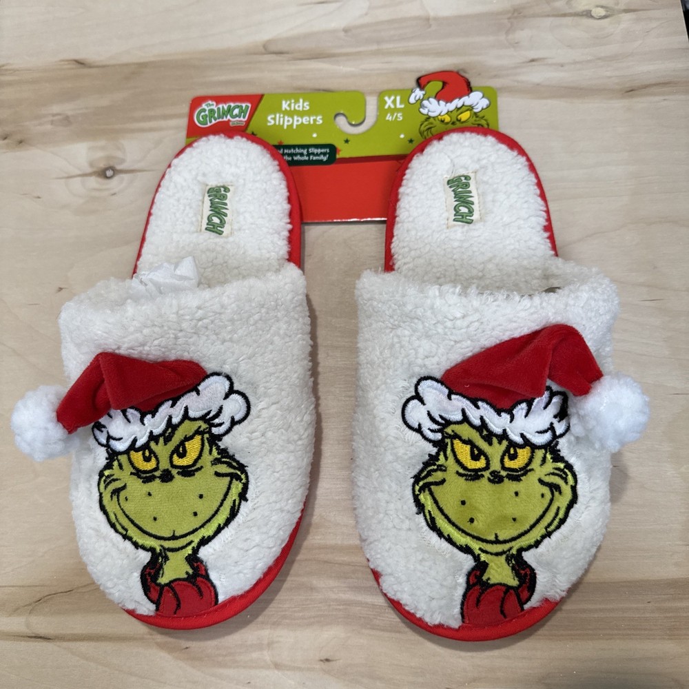 Dr Seuss Grinch White Red Christmas Santa Hat Slippers Kids XL 4/5