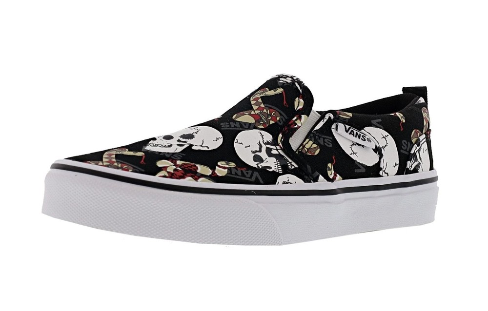 Vans Kid’s Asher Skull & Snake Graphic Print Slip On Sneakers, Size 11