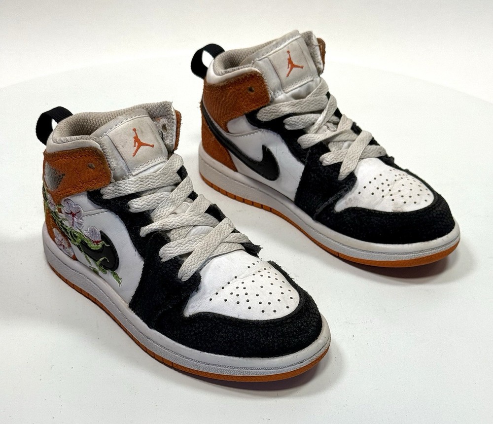Nike Air Jordan 1 Mid SE Cherry Blossom Kid 11C DQ8393-100 Black White Orange