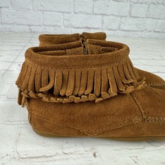 Minnetonka Kids Size 3 Double Fringe Moccasins Bootie Brown Leather Side Zipper