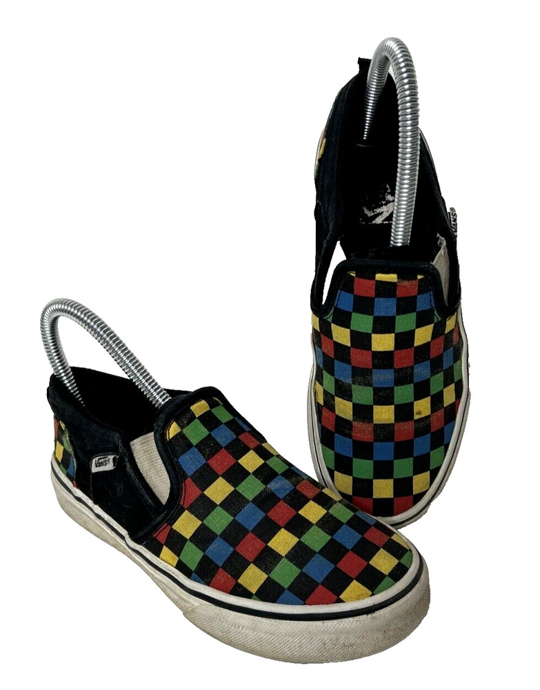 Vans Child Youth Size 2 Slip On Checkered Black Rainbow Canvas Shoes