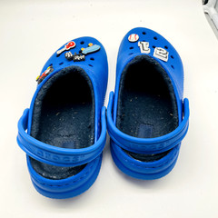 CROCS Blue Clogs Flannel Lined J3 Charms 12 Baseball Skateboard Checker Flags