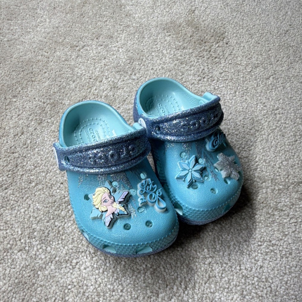 Crocs Frozen Elsa Classic Glitter Clog T Blue Silver Unisex Kids C5 Slip On
