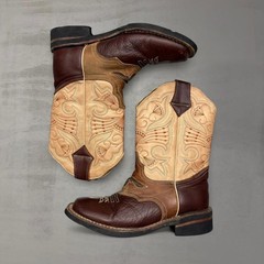 Kids Western Cowboy Boots Square Toe Brown Tan Crazy Pull On Shoes Size 22.5
