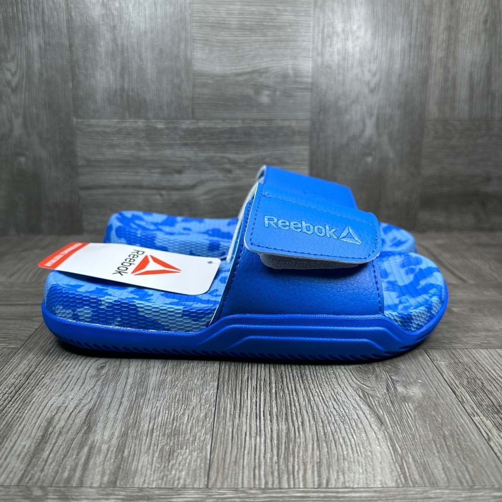 Reebok Slide Sandals Kids 3 Blue Camo Adjustable Strap Athletic NEW