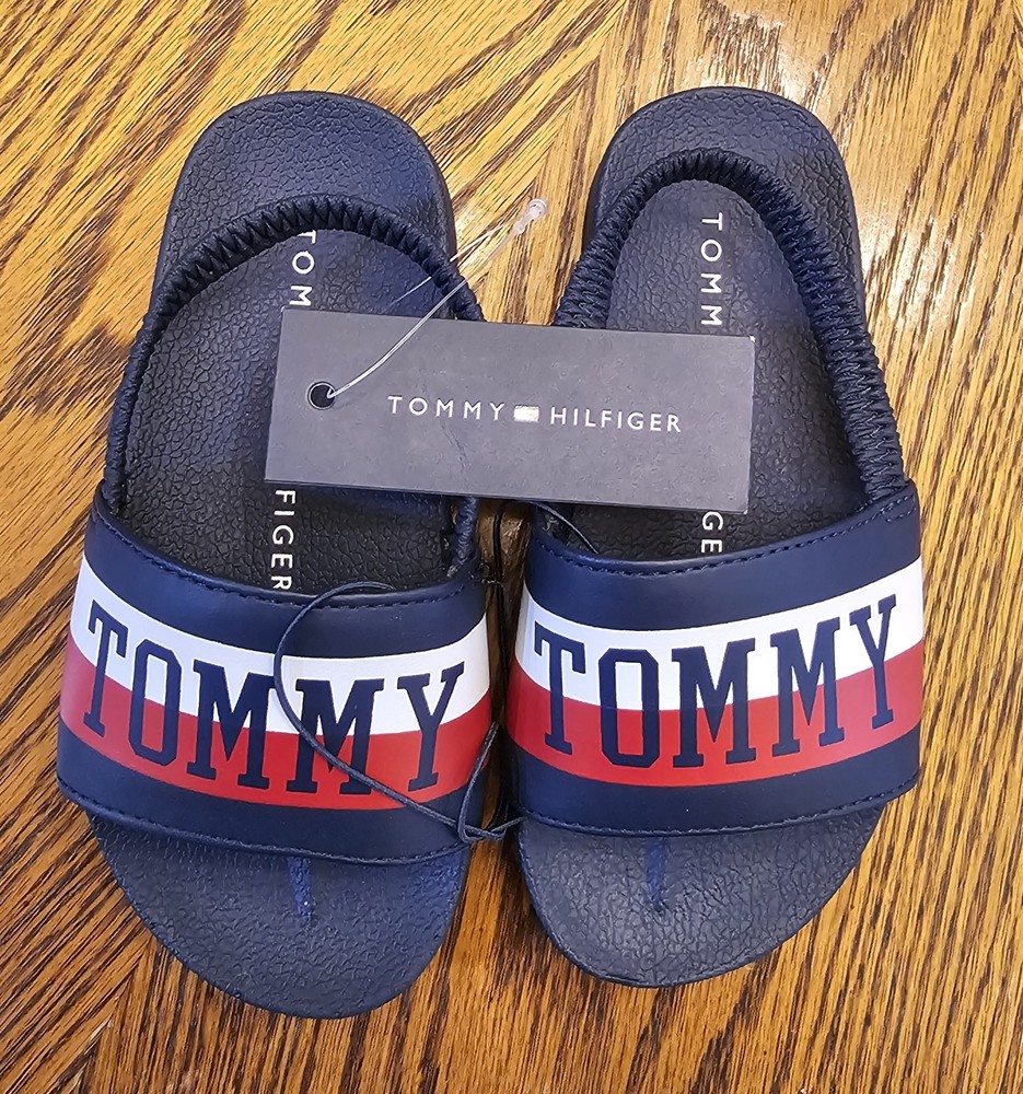 Tommy Hilfiger Navy Blue Red White Stripe Slides Sandals Kids Size 9 New