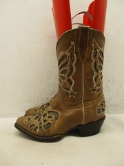 Kids Brown Leather Black Sparkle Inlay Embroidered Cowboy Boots Size 20 MEX
