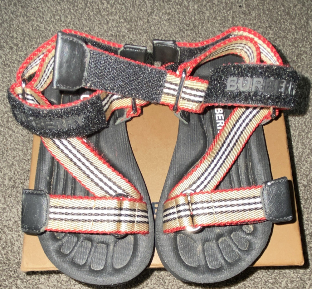 Burberry Unisex Kids Striped Hook & Loop Sandals Beige/Red/Black US 9.5 size 26