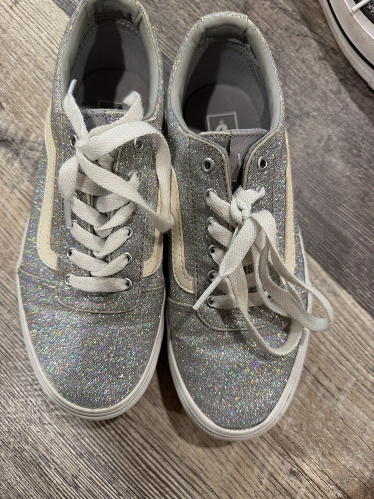 VANS Old Skool Unisex Kids Silver Glitter Low Top Lace Up Canvas US 4