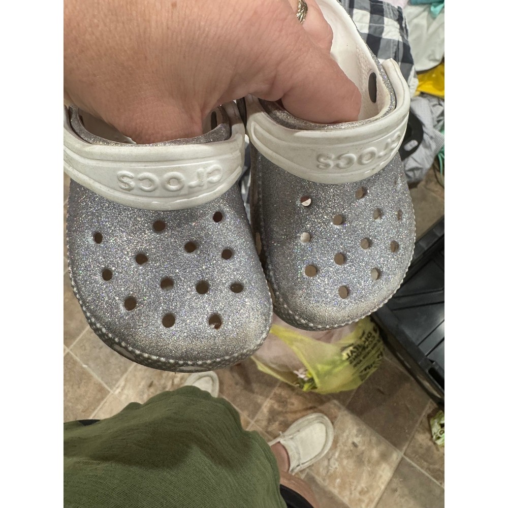 Crocs Kids Classic Glitter Clog Silver Sparkle Shoes Size C6