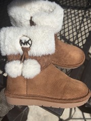 MK Unisex Kids Ankle Bootie Faux Suede Faux Fur Lined Zip Brown/White 7