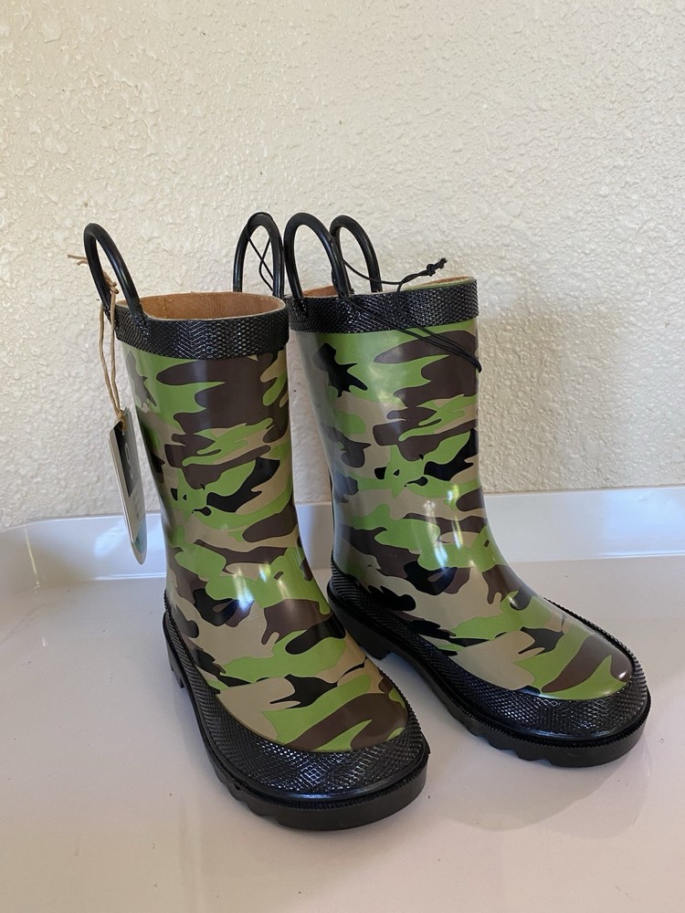 NWT GREEN CAMOFLAGE THICK RUBBER RAIN BOOTS WESTERN CHIEF YOUTH SIZE 9 PULL-ON