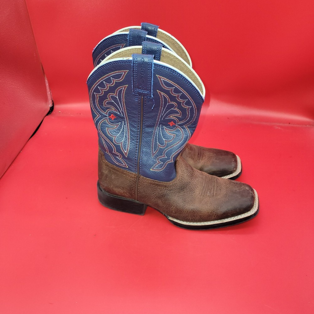 Ariat Brown Blue Leather Square Toe Cowboy Boots Size 2.5 Farmer Stylish Red