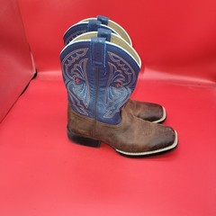 Ariat Brown Blue Leather Square Toe Cowboy Boots Size 2.5 Farmer Stylish Red