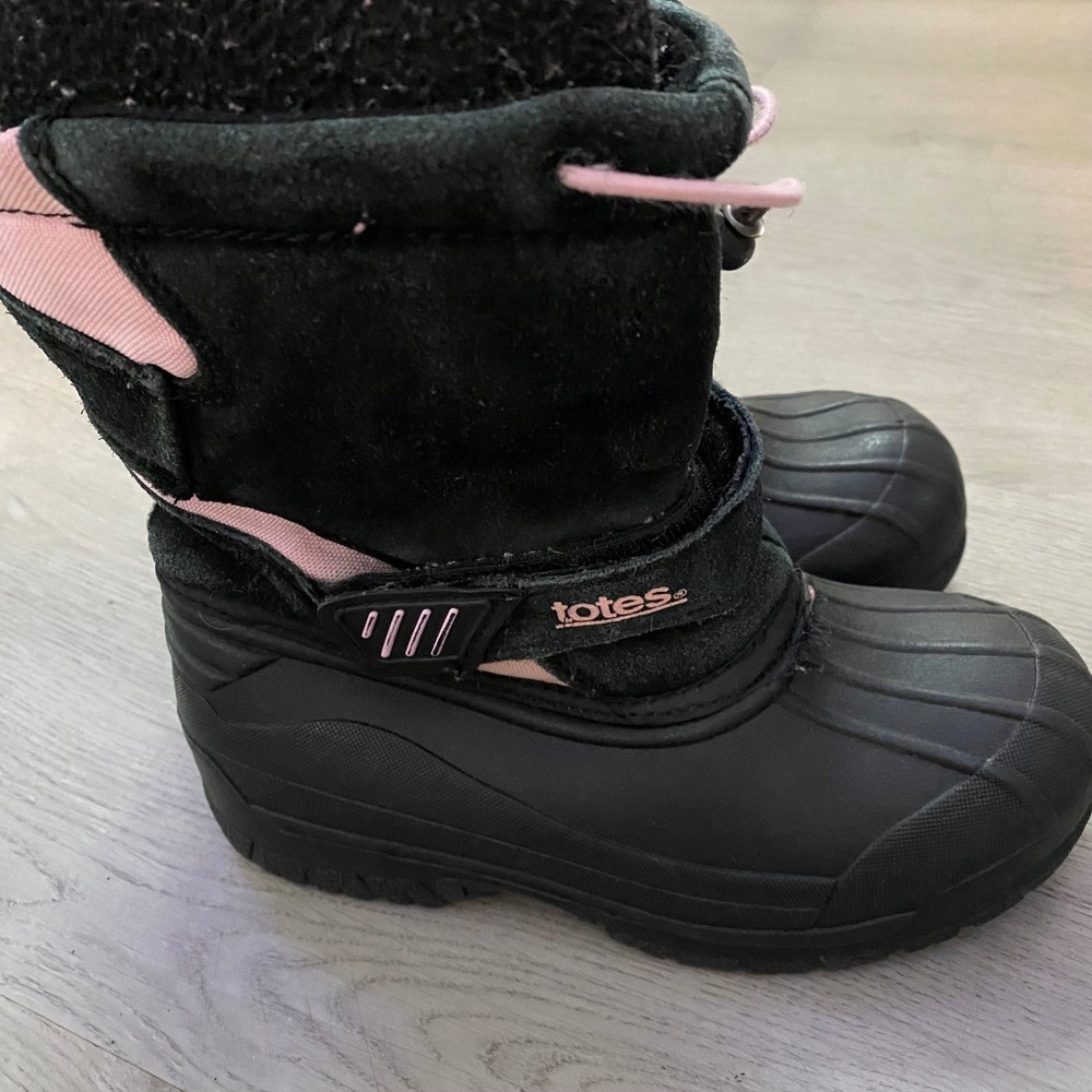 Totes Snow Boots Kids Size 2 Black Pink Insulated Waterproof Duck Boots
