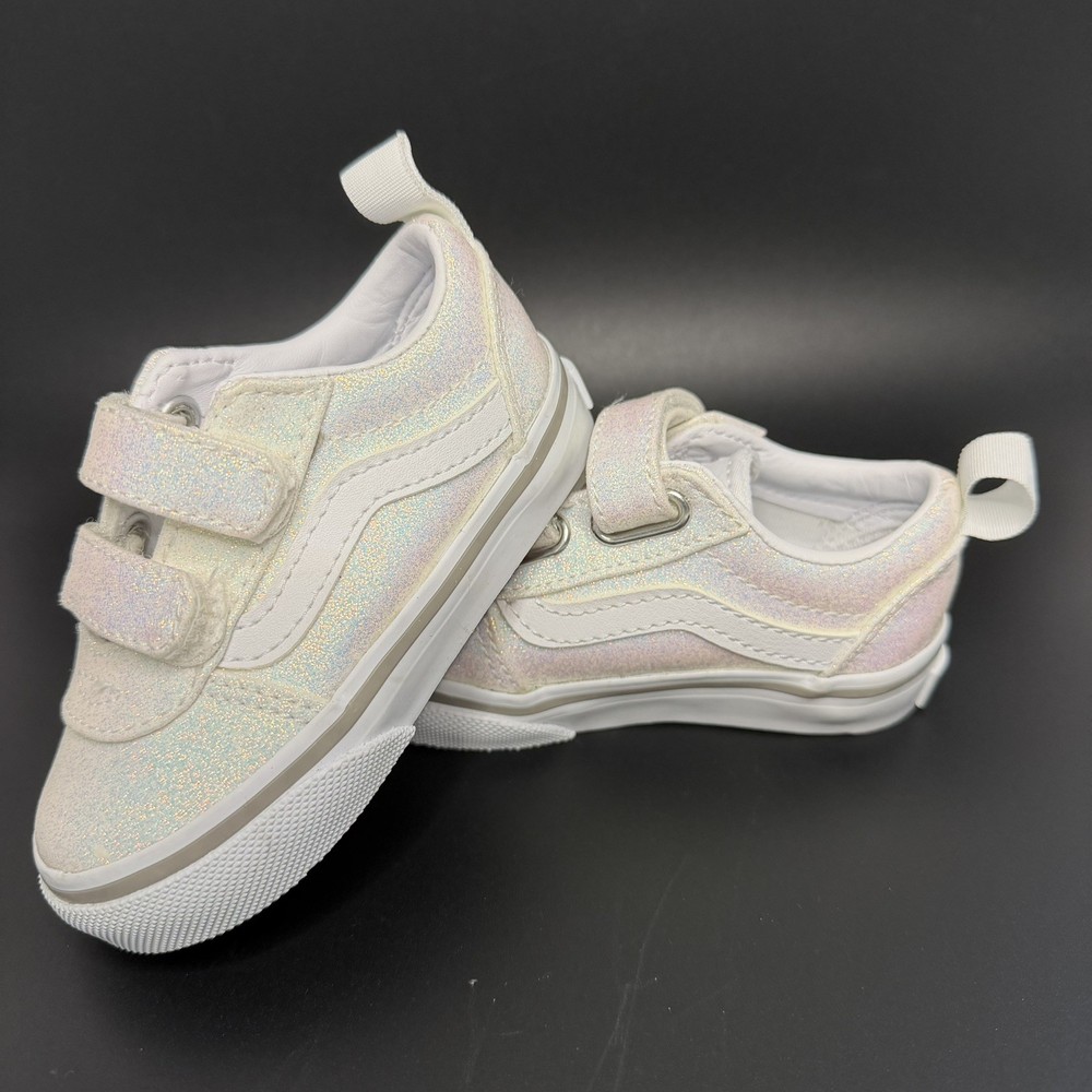 Vans Ward V Toddler size 5 White Glitter Sparkly Hook and Loop Low Top Excellent