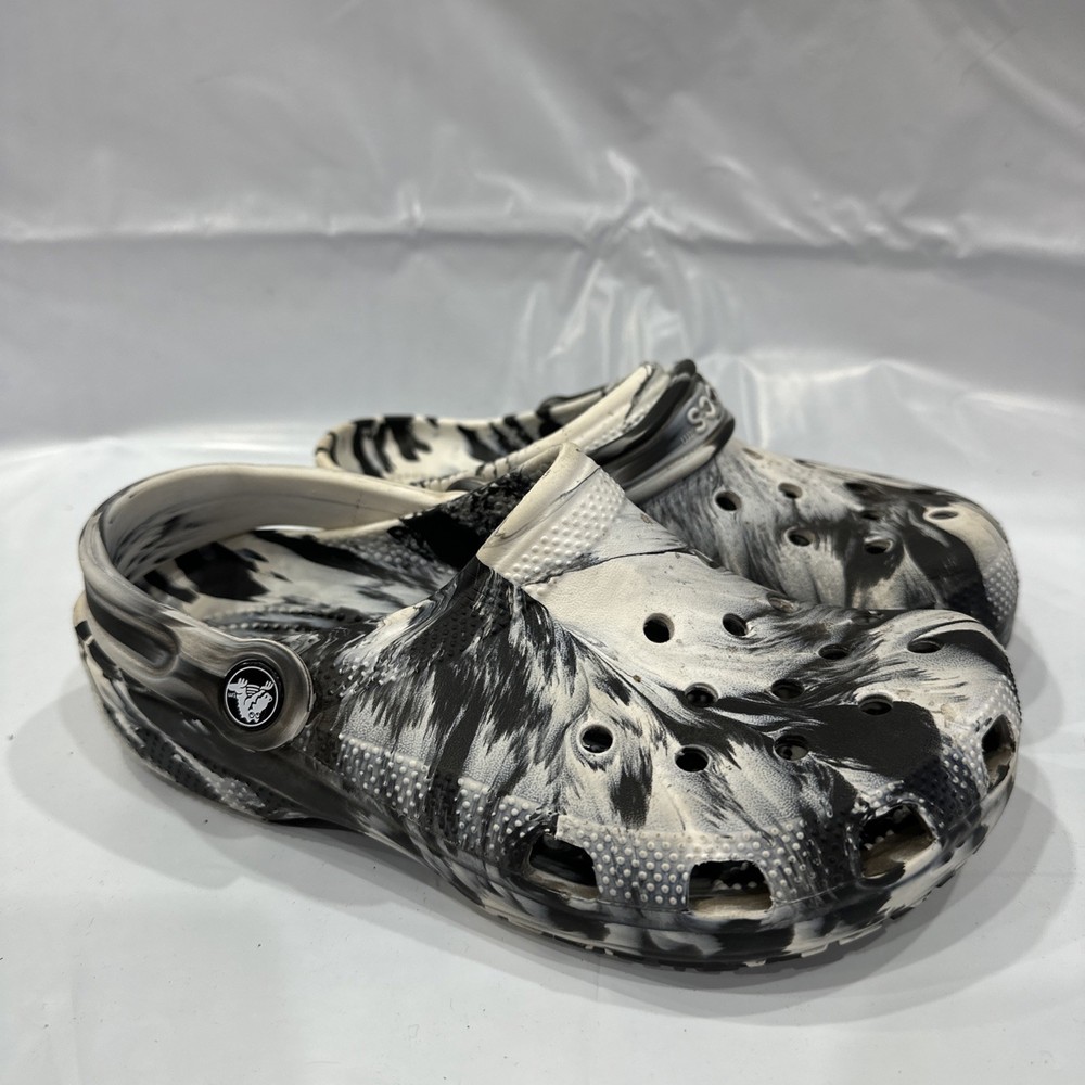 Crocs Classic 207002-103 Clogs Kids 4 White Black Marbled Slip On Shoes EBS2732