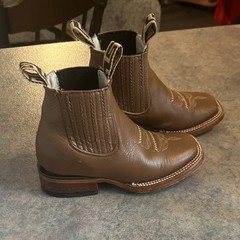 Brown Western Leather Pull On Boots Unisex Kids Embroidered Square Toe