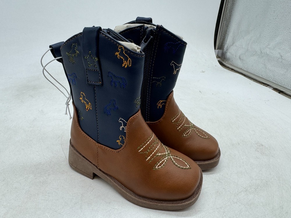 First Steps Cowboy Boots Kids Brown Leather Side Zip Square Toe Western – UK 4