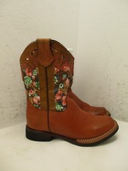 Verthali Kids Youth Size 12 Brown Leather Floral Print Inlay Cowboy Boots