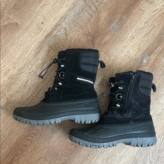 Lands End Black Waterproof Snow Boots Youth Size 3 Faux Shearling Lined Side Zip