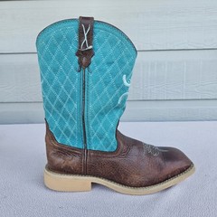 Twisted X Hooey Square Toe Leather Western Boot Youth SZ 2.5 Brown Turquoise