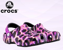 Crocs Classic Purple Leopard Print Clog Glitter Strap Youth Size J6 NWOB