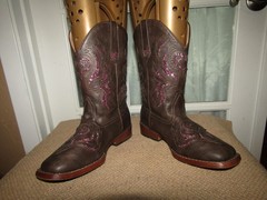 Roper Brand Youth Size 3 M Brown Pink Inlay Cowgirl Western Boots