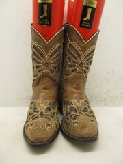 Kids Brown Leather Black Sparkle Inlay Embroidered Cowboy Boots Size 20 MEX