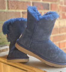 UGG Kids Boots Size 2 Bailey Button Suede Sheepskin Lining Warm Blue
