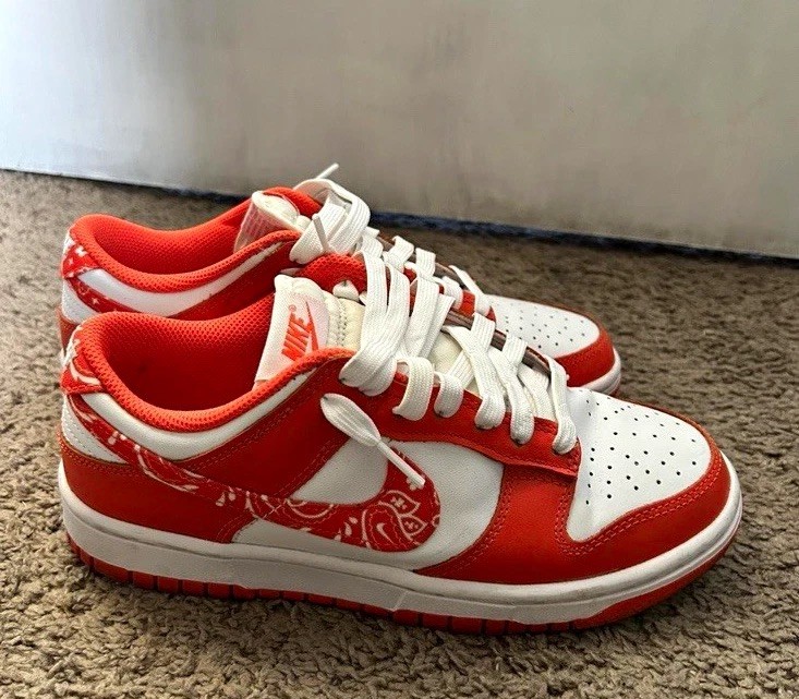 Nike Dunk Low Orange/White Paisley Leather Low Top Unisex Kids Sneaker 7.5