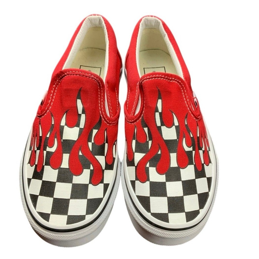 Vans Classic Slip-On Flame Checkerboard Red Canvas Shoes Youth Size 4.5