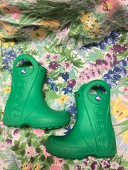 Crocs C10 Handle It Rain Boots Wellie’s Gumboots Green Pull On Mud Puddle Kids