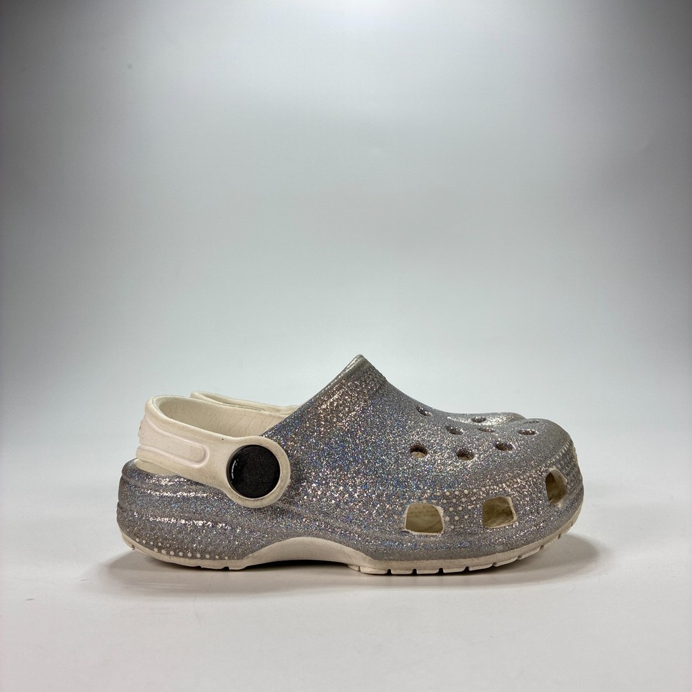 Crocs Classic Glitter Clog White Sparkly Slip On Comfort Shoes 206992 Youth Sz 8