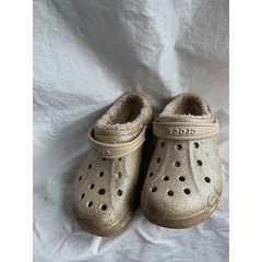 Crocs Classic Lined Gold Glitter Clogs Kids Size J2 Faux Fur Warm Sparkle Shoes