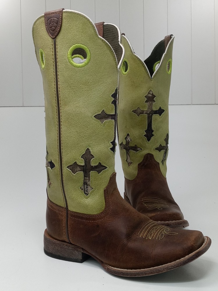 Ariat Ranchero Kids Cowboy Boots Lime Green Brown Camo Cross Square Toe Size 12